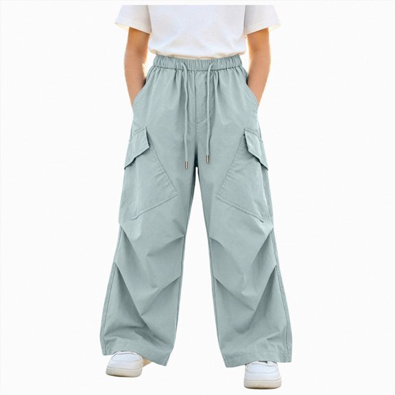 larppty Girls Cargo Parachute Pants Elastic Waist Wide Leg Streetwear Hip Hop Dance Trousers with Pockets