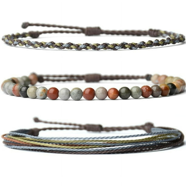 Xiao Hua Pulsera de cuentas de piedra natural hecha a mano, regalo para hombres, pulsera de cuerda ajustable, 3 piezas A07