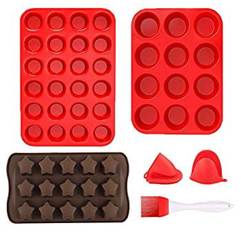 Silicone Muffin Pan,Silicone Cupcake Baking Cups,Silicone Candy Ice Chocolate Molds with Silicone Gloves and Brush Non-Stick BPA Free FDA LFGB Approved Silicone Molds Set 