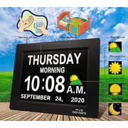 8” Digital Calendar, Clock with Day and Date for Elderly, Operated Day Clock, Digital Clock with Date and Day of Week, Digital Wall Clock, Large Digital Clock, Dementia Clock W/ Color Sun Icons