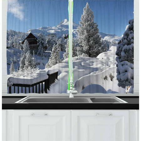 Alaska Curtains 2 Panels Set, Winter Season in the North American Countryside Snow Covered Fields Trees, Window Drapes for Living Room Bedroom, 55W X 39L Inches, White Sky Blue Brown, by