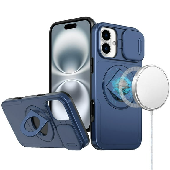 For iPhone 16 6.1 inch Trendy Full Coverage with Camera Window [Magnetic Circle] with Rotational Ring Stand Hybrid Case - Navy Blue