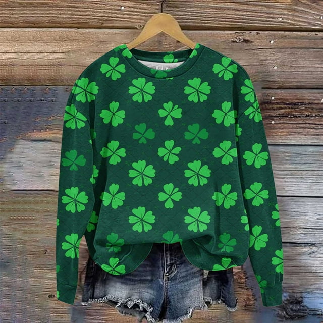 Xuyuer St. Patricks Day Sweatshirts for Women Irish Shamrock Shirt Clover Graphic Pullover Long Sleeve Tops
