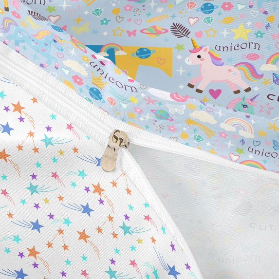 meiyoeat Cute Unicorn T Initial Bedding for Kids, Cartoon Monogram Duvet Cover Full, Blue Multicolor, Colorful Star Reversible, 3 Pieces, 1 Duvet Cover and 2 Pillowcases