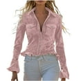 thumbnail image 2 of Otntypg Elegant Velvet Button Down Ruffled Shirts for Women Vintage Casual Flared Long Sleeve Slim Fit Lapel Collared Tunic T-Shirts Dressy Casual Work Blouse with Pockets Pink XL, 2 of 10