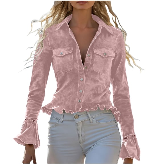 Busydd Blouses for Women Dressy Casual Vintage Solid Color Long Sleeve Shirts for Women Trendy Turndown Collar Ruffle Button Down Shirts for Women with Pockets XL