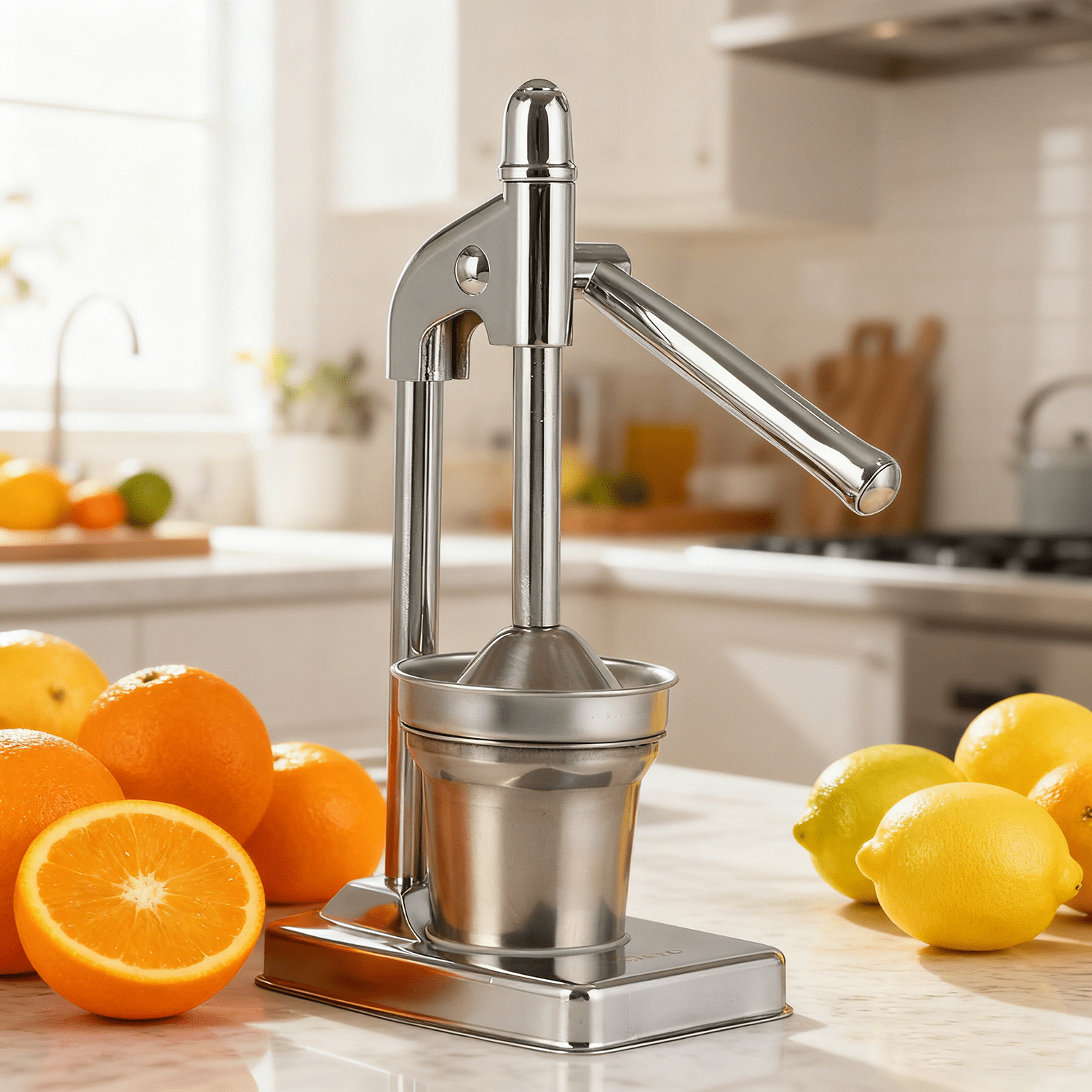 Manual Citrus Juicer, Heavy Duty Stainless Steel Lemon Orange Squeezer with Pulp Strainer, Non-Slip Base, Easy Clean Hand Press for Fresh Juice