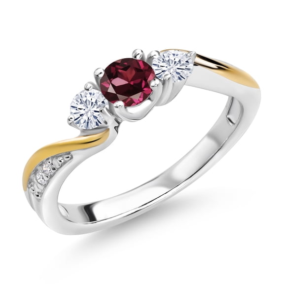 Gem Stone King 925 Silver and 10K Yellow Gold Red Rhodolite Garnet White Moissanite and White Lab Grown Diamond 3 Stone Engagement Ring for Women (0.60 Cttw, January Birthstone, Size 5)