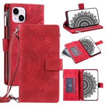 Feishell Zipper Wallet Case for iPhone 13,for Women Men,Stylish Embossed Pattern PU Leather Multi Card Slots Magnetic Clasp Flip Kickstand Crossbody Phone Case with Shoulder Strap,Red