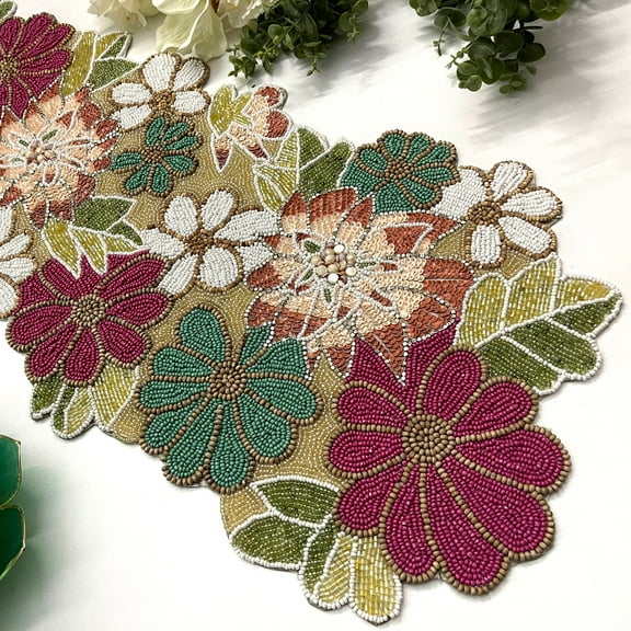 Table runner, handmade beaded spring runner, floral, 13x36inch, multicolour