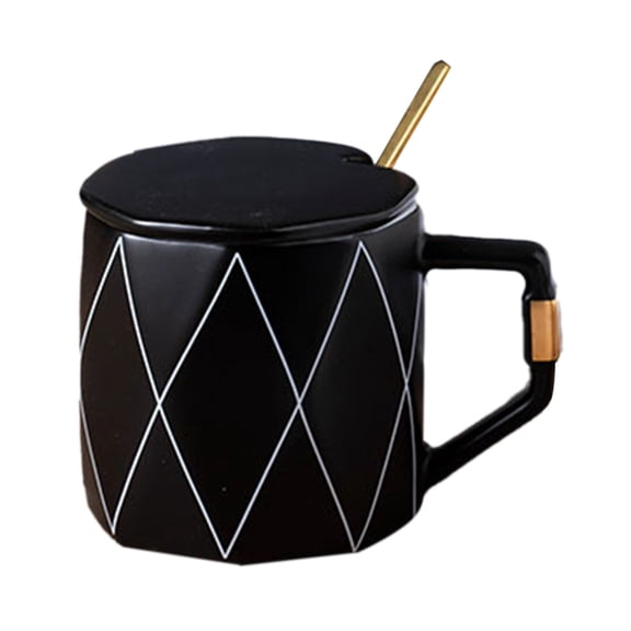 Black Capacity 380Ml Ceramic Mug With Lid And Spoon For Coffee Hot Chocolate Cool Gift Idea Black