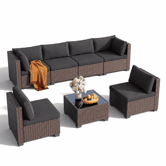 Noelse 7-Piece Patio Furniture Set, Outdoor Wicker Sectional Sofa Set with Thick Cushions and Coffee Table for Balcony, Garden and Porch, Black