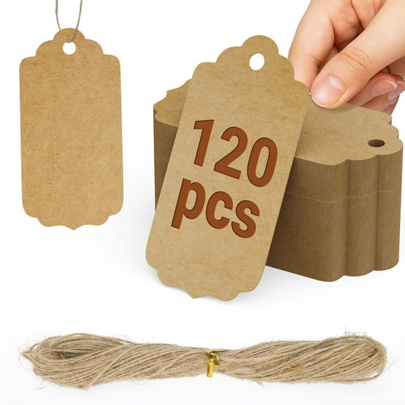 LIZEVINC 120pcs Kraft Paper Gift Tags with String Attached, Blank Gift Bags Tags,1.31*3.15inch Tags for Gifts, Clothes, Wedding,DIY Crafts, and Holiday Packaging (Brown)