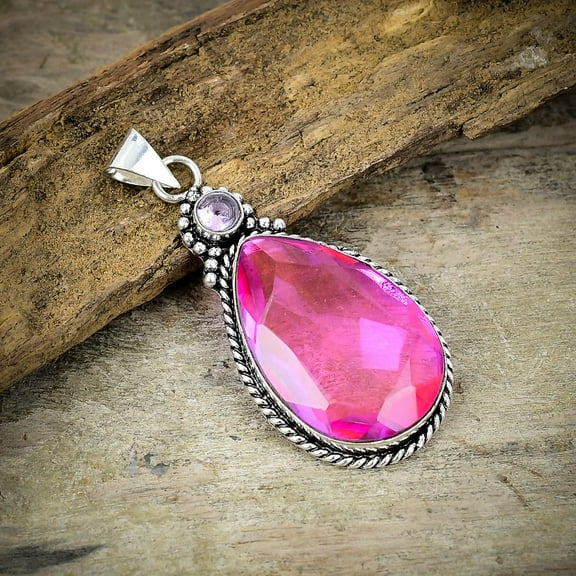 Pink Rubillite, Kunzite Gemstone Handmade 925 Sterling Silver Pendant 2.44"