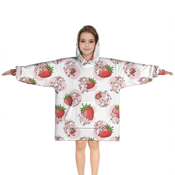 White Cow Strawberry Pattern Blanket Hoodies for Kids 6-13YR Oversize Wearable Blanket Hoodies for Boys Girls Teens