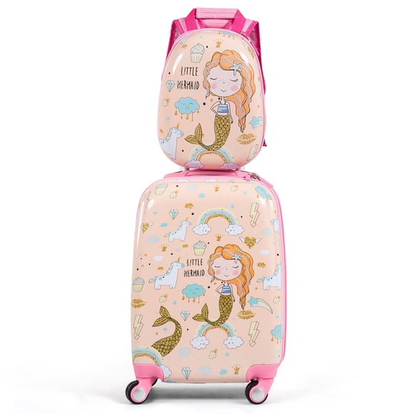 Costway 2PC Kids Luggage Set 18'' Rolling Suitcase & 12'' Backpack Travel ABS Mermaid