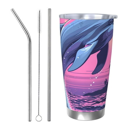 

Qekee Hawaiian Beach Dolphin Print 20OZ Car Cup Stainless Steel Vacuum Insulated Tumbler Tumbler Cup With Lid And Straw Travel Coffee Mug-Straw Three-piece Set