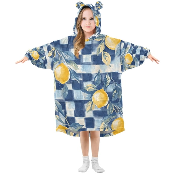 FORMRS Wearable Blanket Hoodie with Sleeves for Kids Cozy Flannel Sweatshirt, Retro Plaid Lemon