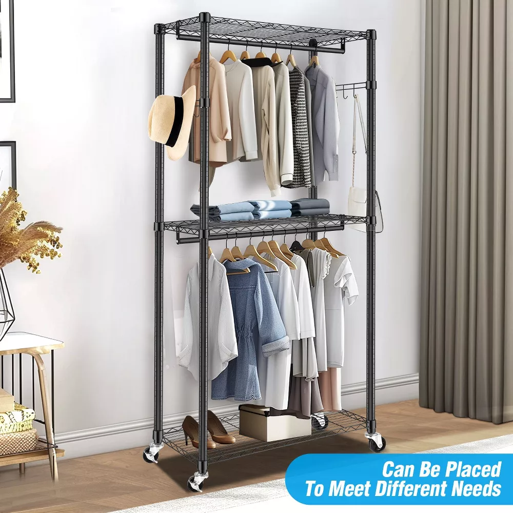 Sailvan Heavy Duty Clothing Rack with 3 Tier Adjustable Shelves, Double Rod Rolling Garment Rack, Small Space Freestanding Closet Wardrobe 16.54"D x 35.43"W x 80.71"H,Gray