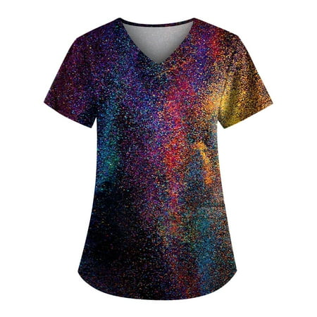 

QWANG 2023 Plus Size Cute Printed Scrub Working Uniform Tops For Women V-Neck Short Sleeve Fun T-Shirts Workwear Tee With Pockets