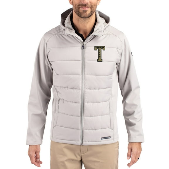Men's Cutter & Buck Gray Georgia Tech Yellow Jackets Evoke Hybrid Eco Softshell Recycled Full Zip Hooded Jacket