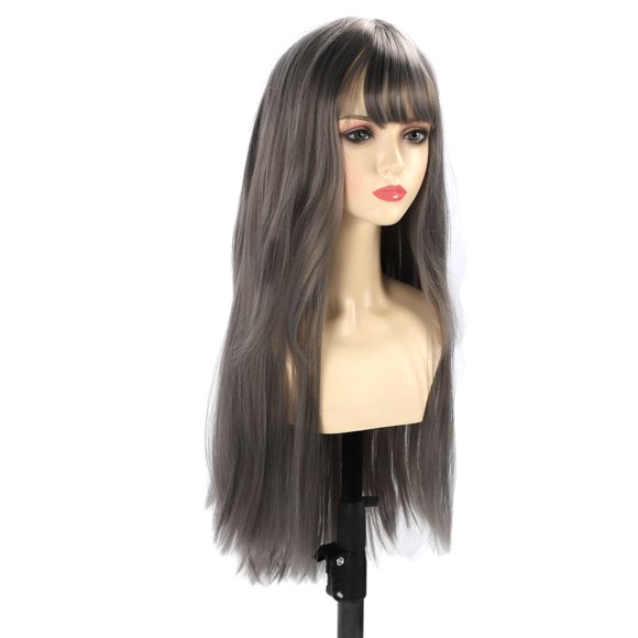 Grey Long Straight Layered Wig, Women Synthetic Hair Wig Easy To Wear Exquisite Look Soft Versatile Convenient Cleaning for Stage