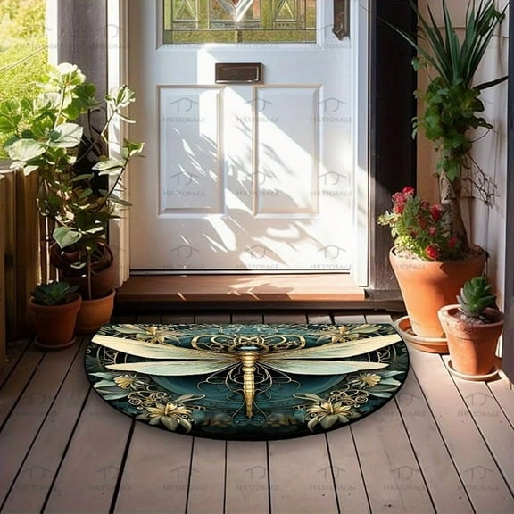 Half Round Door Mat – Dirt Trapper Entrance Rug, Low-Profile Indoor/Outdoor Shoe Scraper, Washable Non-Slip Doormat for Front Door & Porch (Vintage Dragonfly)