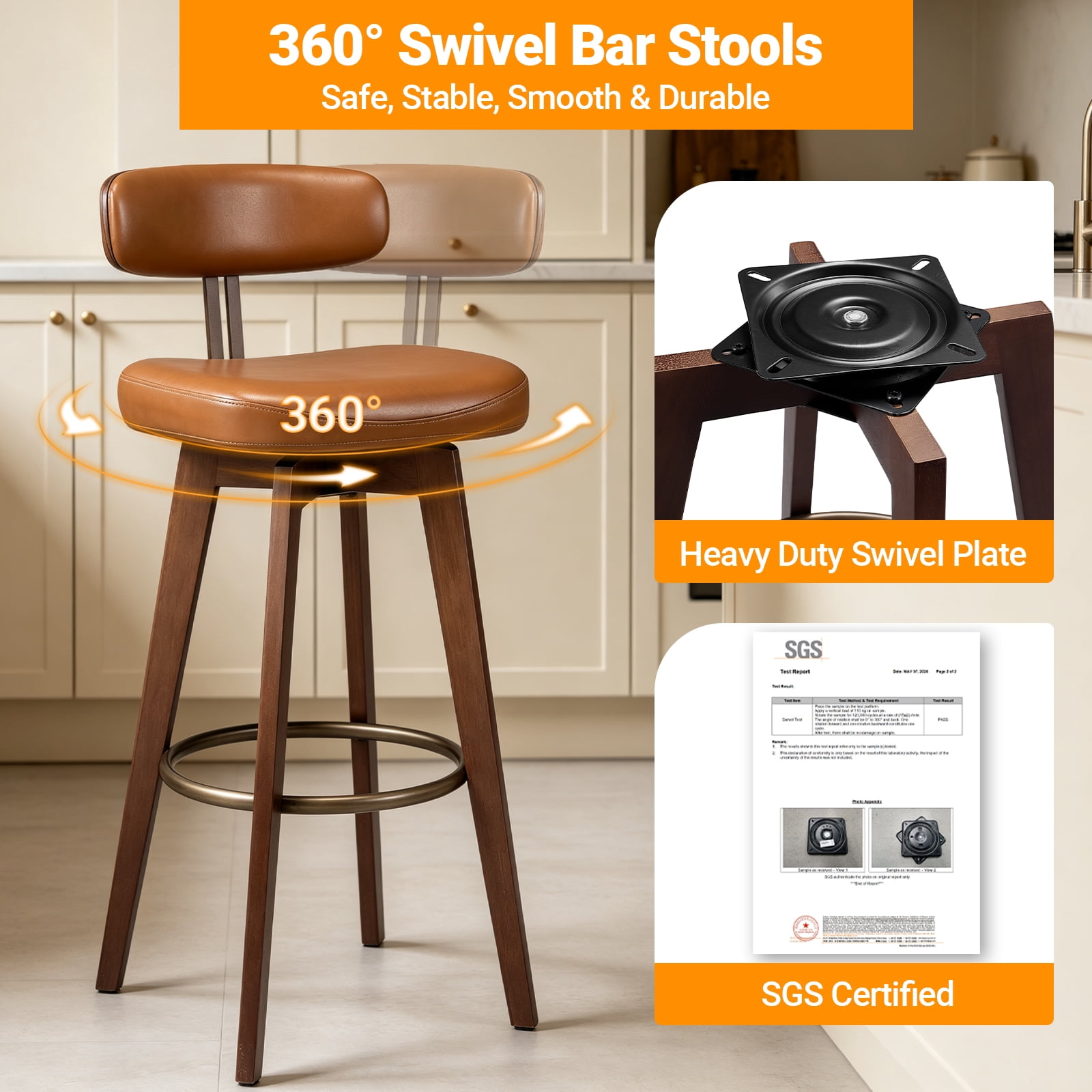 TrumanPick 30" Swivel Bar Stools Set of 2, Brown Faux Leather Counter Height Swivel Barstool with Back & Solid Rubberwood Legs, Counter Stools for Kitchen Island Pub