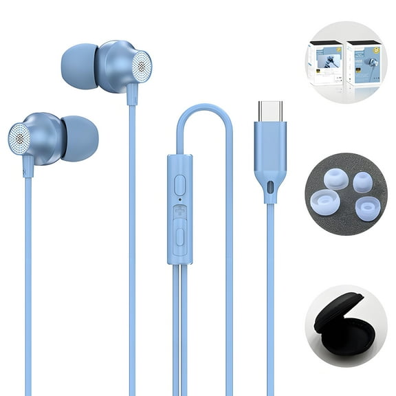GJX Wired Ear Buds,Blue Bass Boost Earphones,Noise Canceling In-Ear with Microphone,Type C Music Earbuds Compatible with USB C Devices