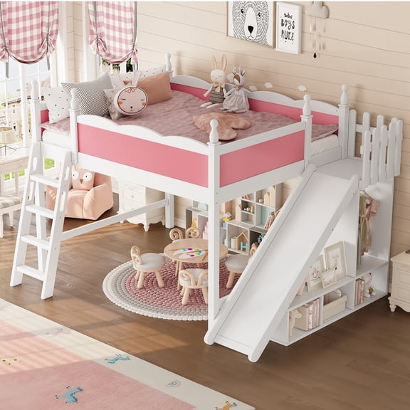 Leumius Queen Loft Bed Frame with Storage Shelves and Wardrobe, Solid Wood Loft Bed with Detachable Slide and Ladders for Kids Teens Adults Pink and White