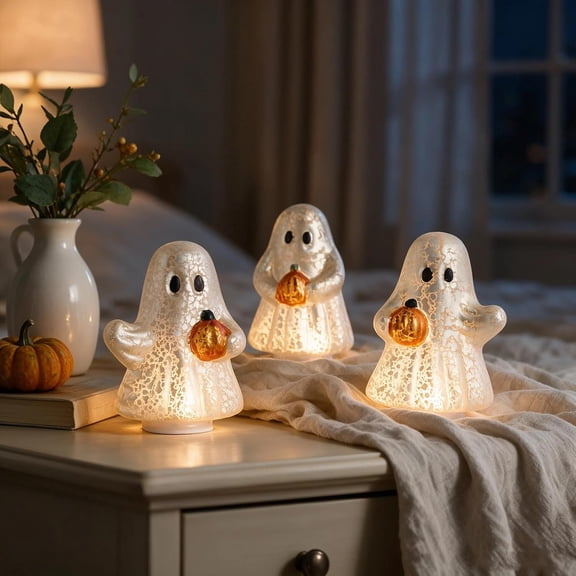 Set of 3 Illuminated Mercury Glass Ghosts, Halloween Ghost Tabletop Decorations with Pumpkin, Vintage Style Lighted Fall Decorations for Home Mantel Shelf Tiered Tray
