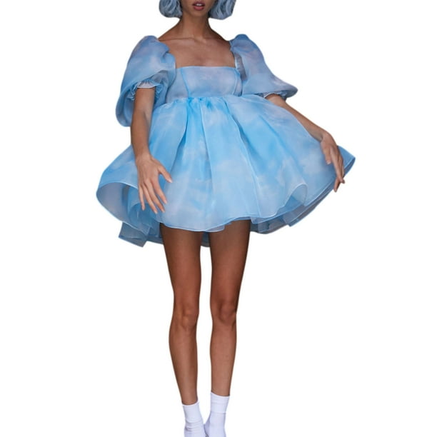Txlixc Vestido casual con dobladillo grande para mujer, Estampado teñido anudado / Color sólido Cuello cuadrado Mangas abullonadas Falda de burbuja, S / M / L Txlixc Estilo de ocio