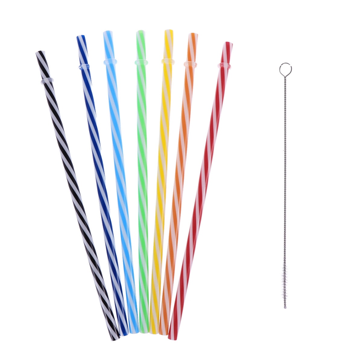 100pcs/set Double Color Threaded Ring Striped Hard Plastic Drinking Straws  With 2pcs Stainless Steel Cleaning Brushes, Mixed Colors