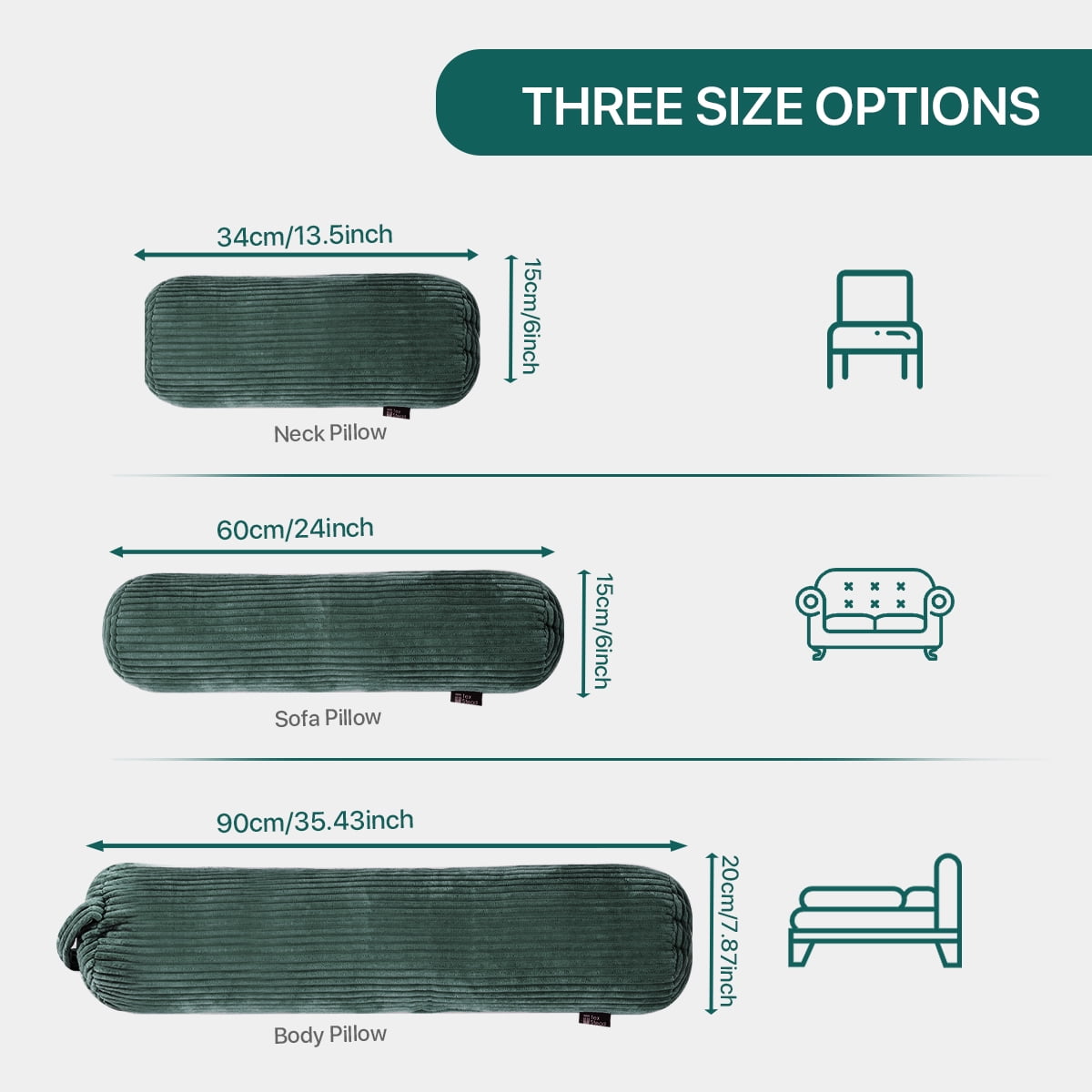 CHARRYARN by TexStead Cuddle Pillow  Bolster Pillow Corduroy Cylindrical Bed Pillow - Multifunctional Long Pillow- uitable for yoga,Lumbar and Neck Support Roll Pillow-Dark green（6"x24")
