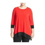 Calvin Klein Women's Plus Colorblock 3/4 Sleeve Kerchief Hem Shirt 1x Rouge
