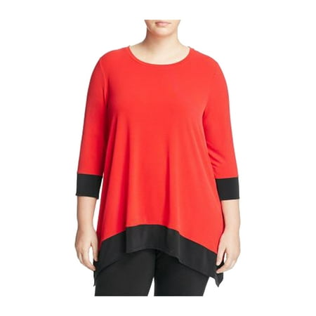Calvin Klein Women's Plus Colorblock 3/4 Sleeve Kerchief Hem Shirt 1x Rouge