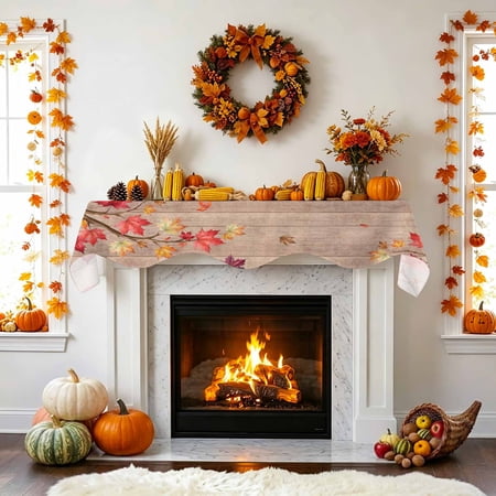 Fall Thanksgiving Fireplace Mantel Scarf Rustic Red Yellow Maple Leaf Branch Wood Grain Mantel Scarf Scarves Fireplace Top Runner Cover for Holiday Party Home Decorations 60x17in