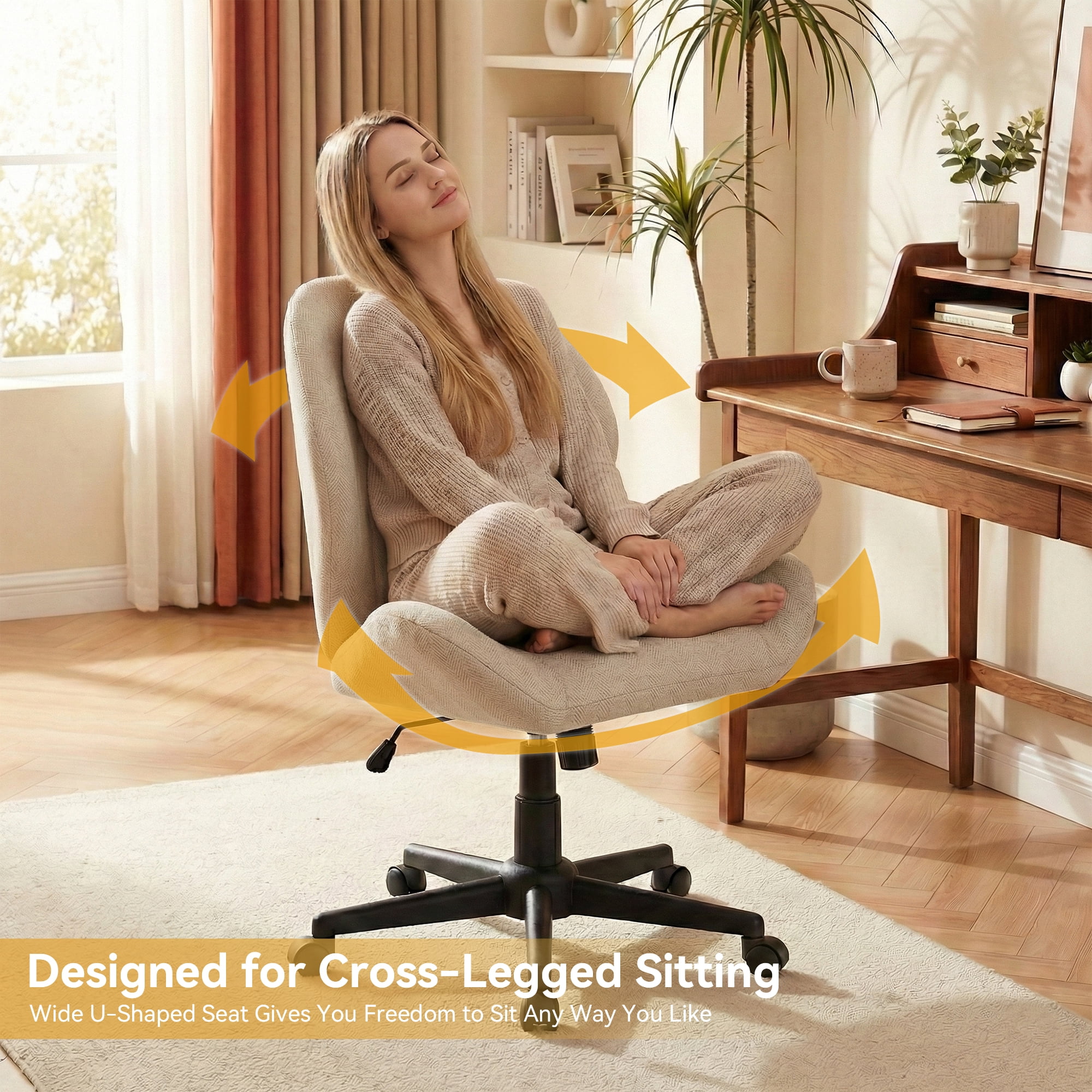 YIKEMA High Back Armless Rolling Office Chair, Wide Ergonomic Seat, Oatmeal