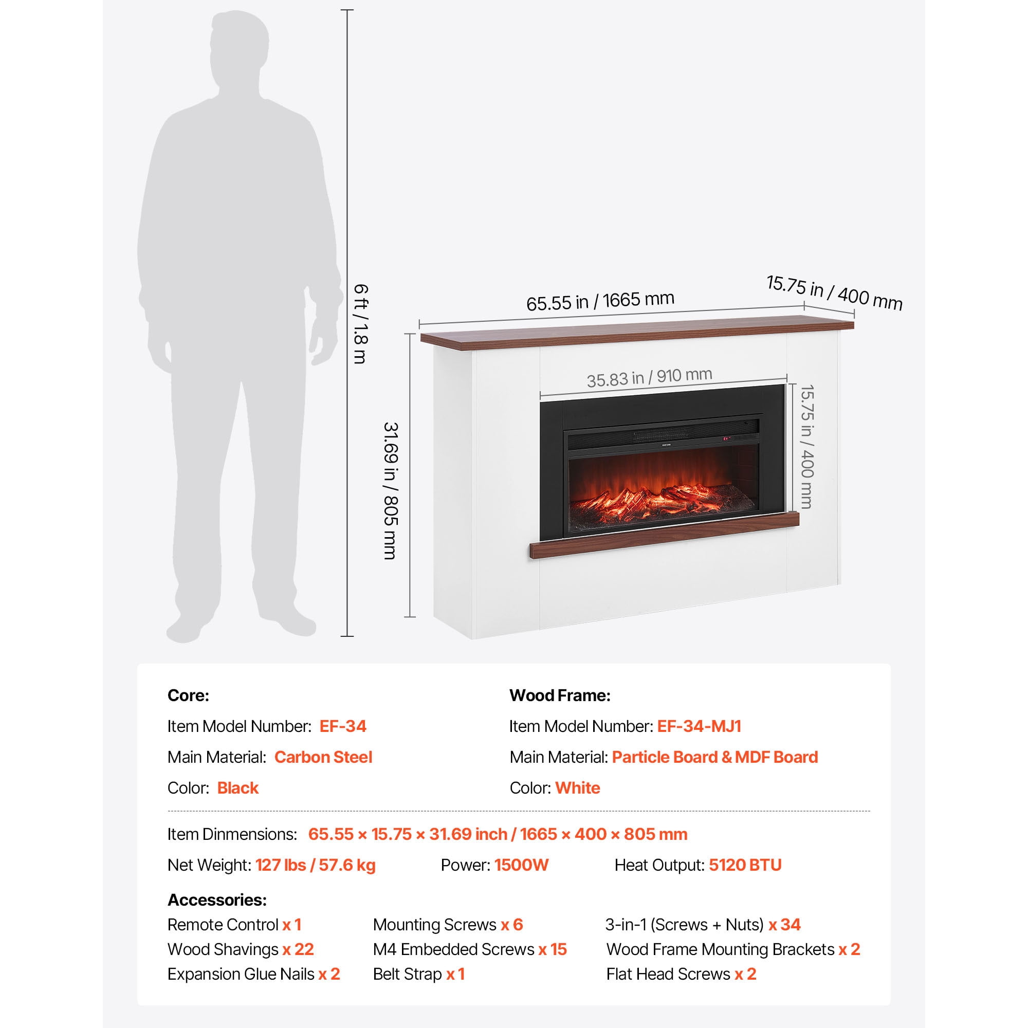 KFFKFF 65.5-Inch Freestanding Electric Fireplace with Mantel, 1500W Heater, Adjustable Flames, Timer, Remote Control, and Overheat Protection for Living Room or Bedroom