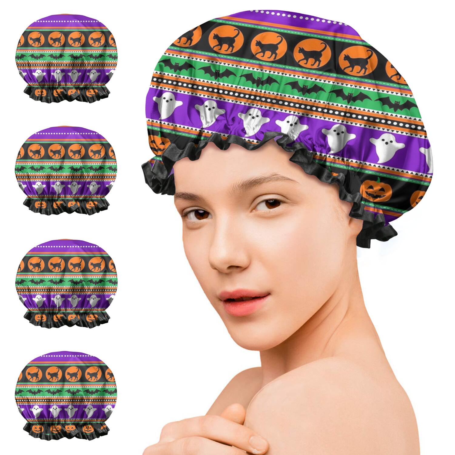 Shower Caps,Halloween Striped Icons Pattern Waterproof Shower Cap for Women 4 Pieces,Double Reusable Hair Cover for Shower PEVA Elastic Stretch Hem