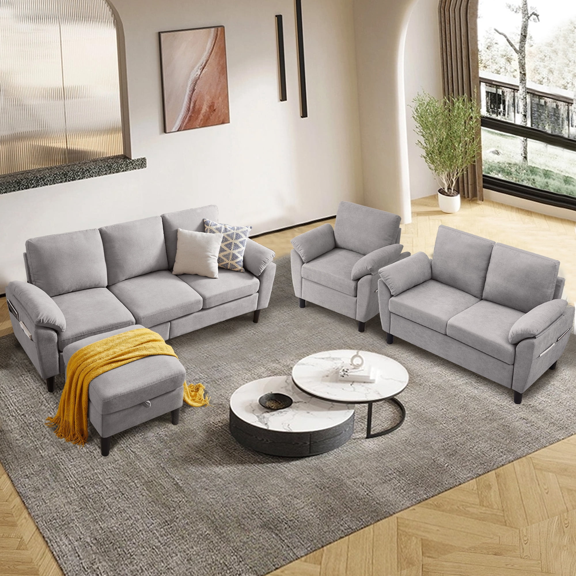 Jarenie Chireca 4 Piece Convertible Sectional Sofa Set, Modern Linen Small L Shaped Couch with Reversible Chaise, 3-Seater Sofa & Loveseat & Armchair for Living Room, Office, Apartment, Lightgrey