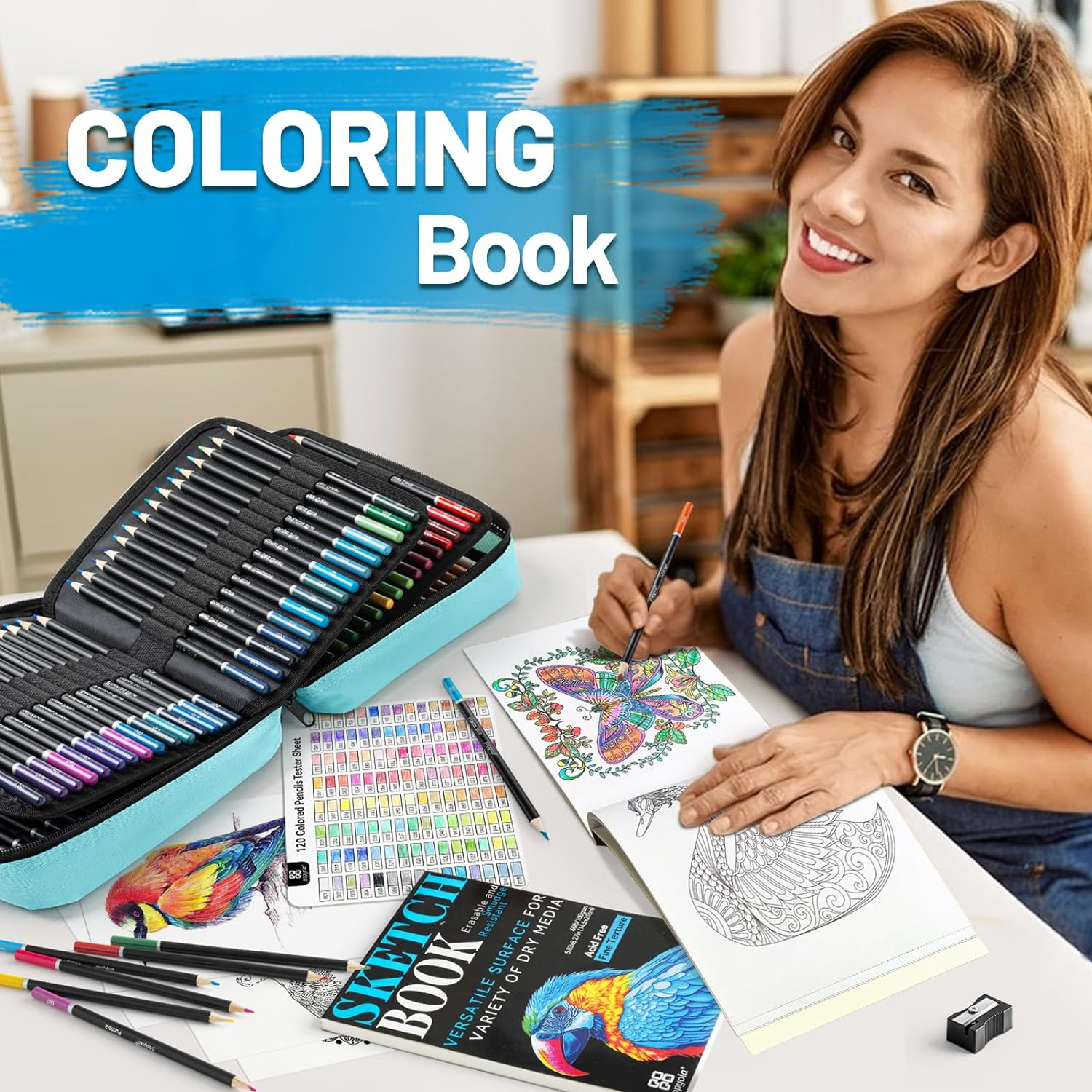 136 Pack Colored Pencils Set with Portable Gift Case, Art Supplies 120 Colored Pencils, 3-Color Sketch Book, Coloring Book, Sketchbook, Sharpener, Professional Drawing Pencils for Adults Kids(Green)