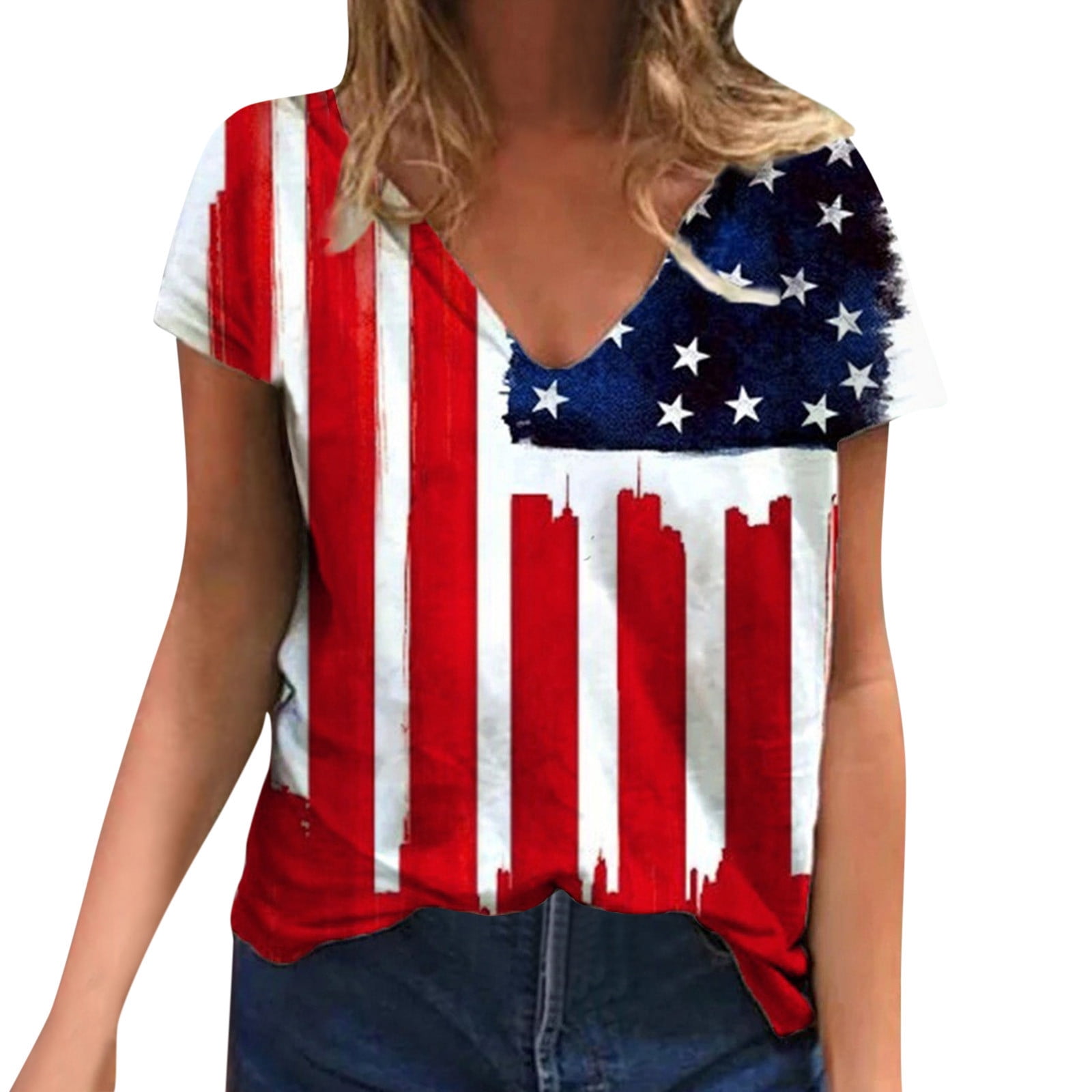 B91xZ American Flag Shirt Women American Star Flag Tops Shirt V Neck