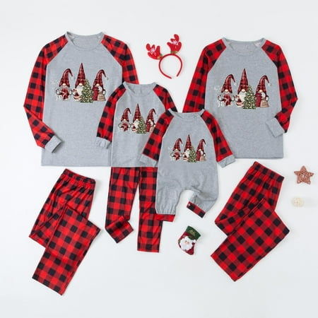 

ZCFZJW Clearance Matching Family Christmas Onesies Cute Xmas Lovely Gnome with Christmas Tree Print Plaid Long Sleeve Tee Shirts and Pants Two Piece Family Home Wear Outfits(Baby-XXL)