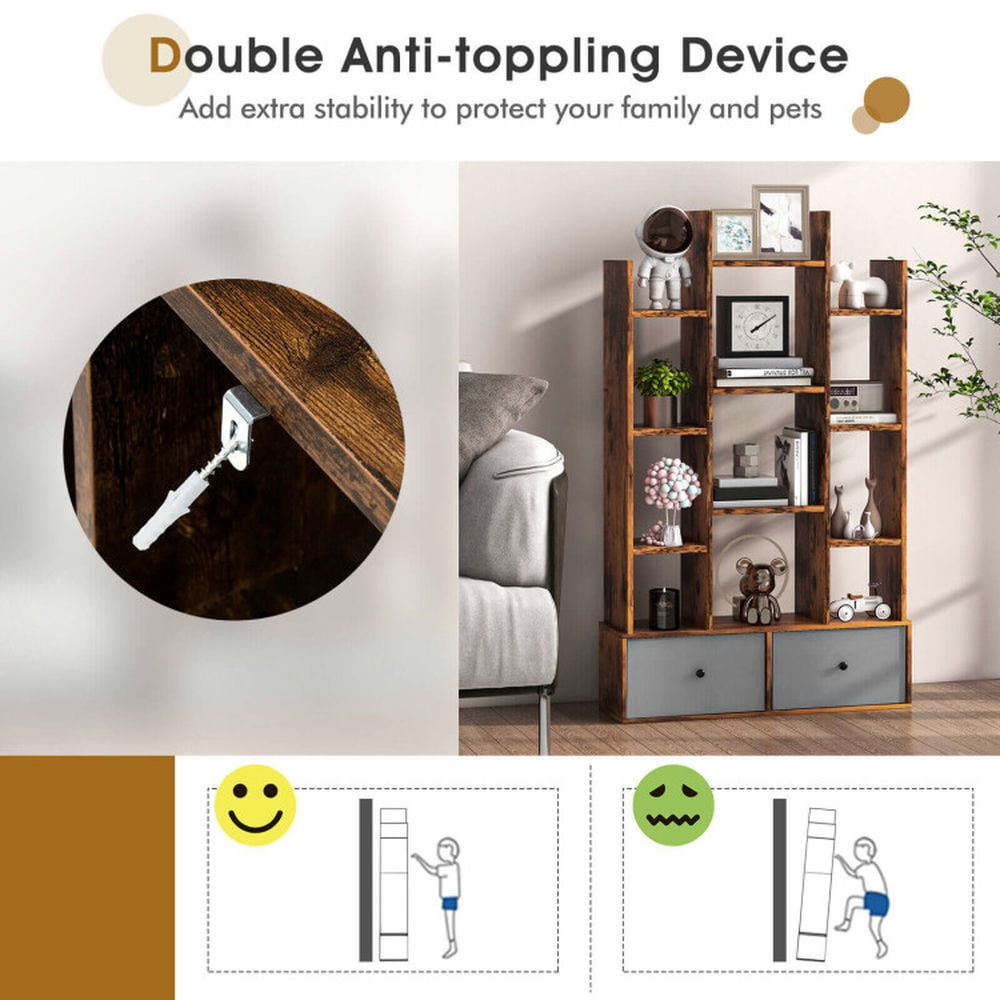 Demi Bonn 12-Tier Open-Back Bookshelf with Drawer, Space-Saving Storage Rack Bookcase, Brown