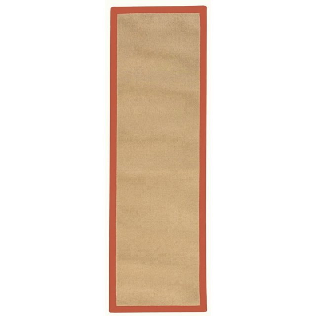 rectangular runner rug featuring a natural sisal weave center with a burnt orange border, measuring 2'6" x 12'.