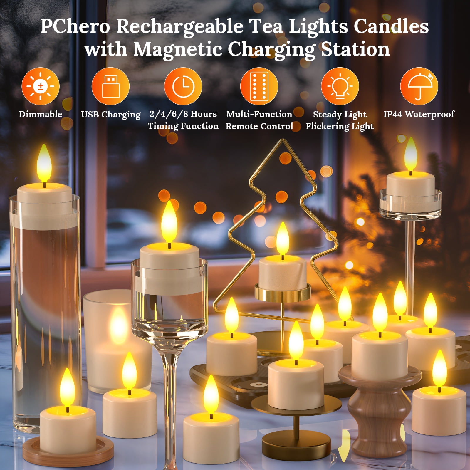 PChero 12pcs Rechargeable Tea Lights Candles with Remote Timer, 180+Hours Waterproof Outdoor Flameless Tealight Candles with Magnetic Charging Base, Battery Operated Small Votive Candles,1.5"x2.17"