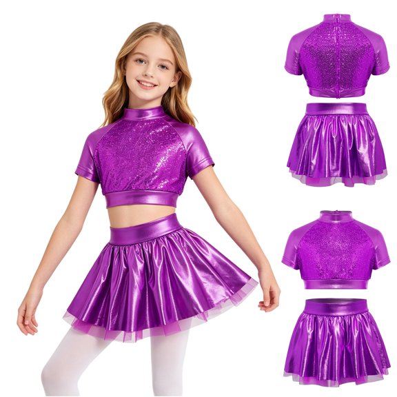 Aislor Girls 2 Piece Jazz Dance Performance Outfit Mock Neck Short Sleeve Sequins Crop Top with Shiny Tutu Skirt Purple 6