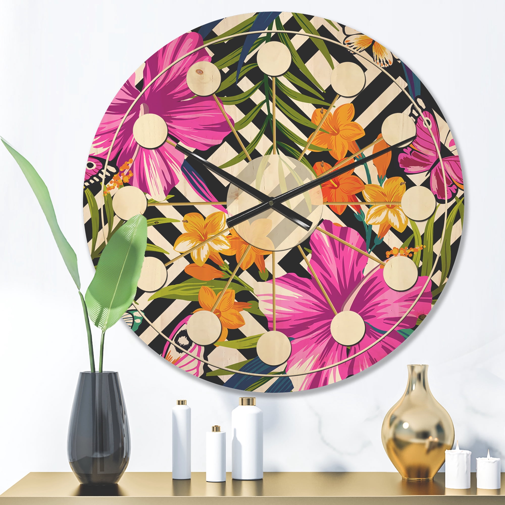 Designart 'Tropical Geometrics and Foliage' Mid-Century Modern Wood Wall Clock