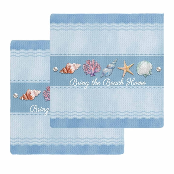 Coastal Blue Striped Kitchen Dish Towels for Drying Dishes Set of 2, Ocean Sea Summer Starfish Coral Shells Waffle Weave Microfiber Hand Tea Bathroom Towels Quick Dry & Absorbent Towel 12x12